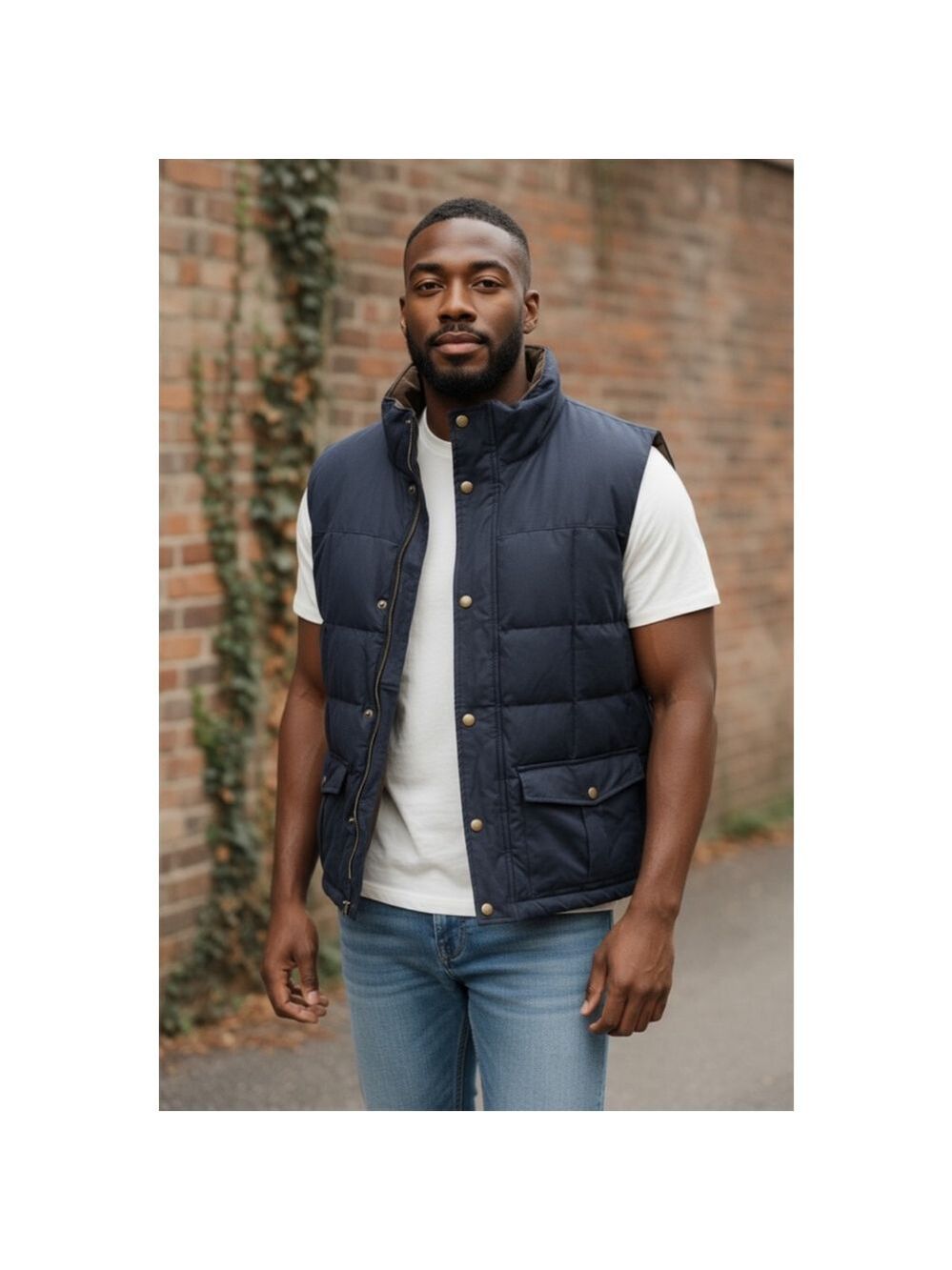 L.L.Bean Navy Puffer Vest XL with Brown Trim